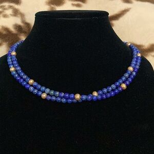 Jay King 10” Necklace Sterling Lapis Lazulis & Golden Faux Pearl Double Strand
